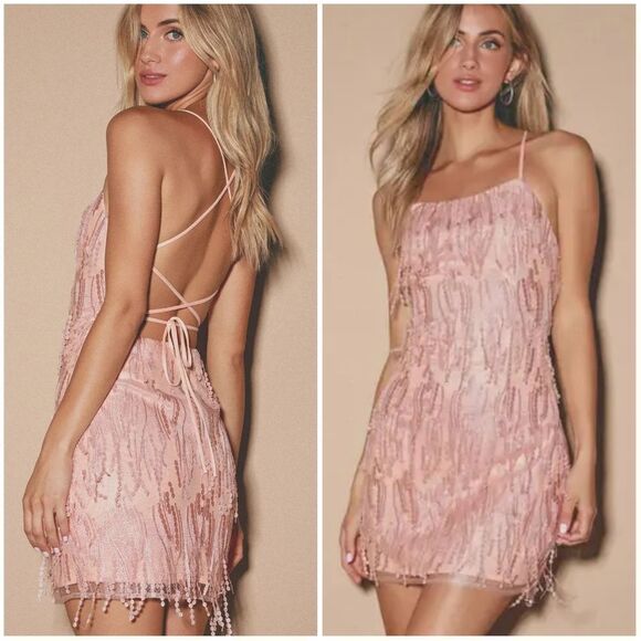 Lulus Making Magic Blush Pink Fringe Lace-Up Mini Dress Women's Size Small - Picture 13 of 13